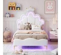 SAOOZBE Lettino imbottito per bambini, 90 x 200 cm, con testa a LED e testiera regolabile, a forma di corona, letto singolo, per ragazzi, con rete a doghe (bianco D, 90 x 200 cm)