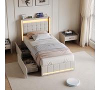 SAOOZBE Letto imbottito 90 x 200 cm con vano portaoggetti, letto singolo con cassetti, letto per ragazzi con illuminazione a LED e stazione di ricarica, struttura del letto con telaio in metallo e