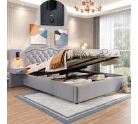 Sapgaks Letto 180 x 200 con rete, testiera e USB, cassapanca con LED, per 2 persone, stoccaggio, telaio, matrimoniale, imbottito, adulto, grigio, include due lampade da comodino