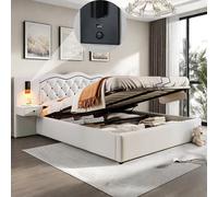 Sapgaks Letto baule 180 x 200 con rete e testa e USB, letto 2 persone con spazio 180 x 200 con LED, telaio letto imbottito doppio, adulto, con due lampade da comodino, beige