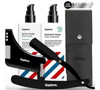 Sapiens Kit Rasatura Uomo con Rasoio a Mano Libera - Rasoio per Barba Nero, 125 Lamette, Gel da Barba Trasparente, Crema Idratante Dopobarba, Stencil Guida Contorno