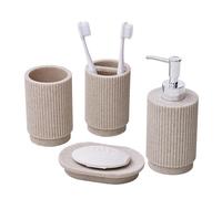 Sapisecret Set Bagno 4 Pezzi - Dispensatore Sapone + Bicchiere Dentifricio - Design Righe (Beige), Resina Premium - Incl. Portaspazzolini & Portasapone