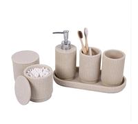 Sapisecret Set Bagno 6 Pezzi - Dispensatore Sapone + Set Bicchiere Dentifricio con Vassoio & Porta Cotton Fioc - Design Righe (Beige), Resina Premium - Include Portaspazzolini & Organizzatore