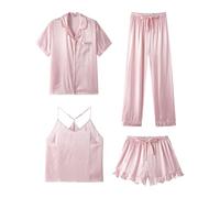 SAPJON Pigiama da Donna in Seta Satinata, 4 Pezzi, con Volant, Collare, Biancheria da Notte, Bottone, a Maniche Corte, Set Loungewear, Rosa a Righe, S