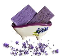 Sapone alla lavanda e fiori di lavanda profumati, saponette, saponi artigianali, due pastiglie di sapone naturale al 100%, sapone di marsiglia, portasapone in ceramica per bagno, set da bagno