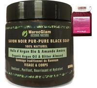 Sapone nero marocchino con olio di argan biologico e mandorla amara 250g + guanto Kessa Scrub. Scrub con sapone nero corpo e viso, purificante idratante e nutriente