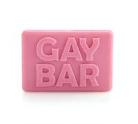 Sapone rosa Bubblegum con scritta "GAY BAR" in rilievo sulla parte superiore con