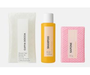 Saponetta monouso 14gr 100 pz + flacone shampoo cf da 60 pz+ cuffia doccia cf da 50 pz - Tris Combo in unica Soluzione Linea cortesia Hotel Color monouso e monodose