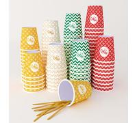 SARA 200 Pz,7 OZ Bicchierini di Carta Multicolor per Caffè con Palettine in Legno,Ecologici e Usa e Getta,Resistenti al Calore,Ideali per Caffè,Tè,ecc.