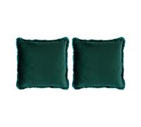 SaRani Coppia Cuscino Velluto Tinta Unita Frangia 40x40 Divano Arredo Casa (Verde scuro)