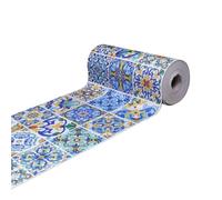 SaRani Tappeto Guida Passatoia Corsia Runner da Cucina in Gomma Antiscivolo, Maiolica Blu e Bianca, Flessibile, Tagliabile, Morbido, (140x50 cm, Greca Vietrese)