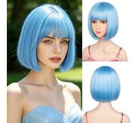 Sarannala Parrucca a caschetto con frangia piatta, 30,5 cm, colore blu nebbioso, include parrucca in fibra sintetica, per donne, Halloween, feste in costume (blu nebbioso)
