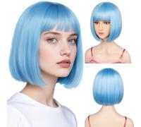 Sarannala Parrucca a caschetto con frangia piatta, 30,5 cm, colore blu nebbioso, include parrucca in fibra sintetica, per donne, Halloween, feste in costume (blu nebbioso)