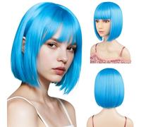 Sarannala Parrucca a caschetto con frangia piatta, include cuffia per parrucca, 30 cm, colore blu chiaro, parrucca per capelli corti in fibra sintetica, dimensioni regolabili, per donne, Halloween