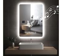 Sararoom 70×50cm Specchio Bagno con Luce e Bluetooth, Specchi da parete per bagno con orologio, Anti-Fog, Dimmerabile, 3 Colori Luci, Memoria, IP44 Specchio con luci retroilluminate,HD Vetro Temperato