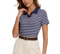 Sarefii Camicie da donna a righe con colletto a blocchi di colore polo da golf in misto cotone magliette a maniche corte T-shirt da tennis abiti estivi, Viola Grigio Scuro, S