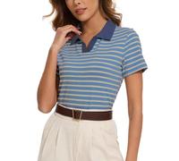 Sarefii Camicie da donna a righe con colletto a blocchi di colore polo da golf in misto cotone magliette a maniche corte T-shirt da tennis abiti estivi, Blu e marrone chiaro, S