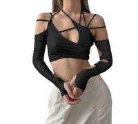 SARGE 2022 Estate Nuovo Y2k Punk T delle Donne della Camicia Halter Magliette E Camicette Ragazza Gotica della Rappezzatura del Manicotto Lungo Crop Top Sexy Cut-out Casual T-Shirt