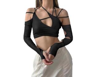 SARGE 2022 Estate Nuovo Y2k Punk T delle Donne della Camicia Halter Magliette E Camicette Ragazza Gotica della Rappezzatura del Manicotto Lungo Crop Top Sexy Cut-out Casual T-Shirt
