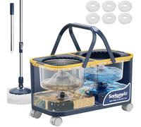 Sarkunpio Mocio e Secchio Lavapavimenti, Set Mop e Secchio con 4 Camere e 4 Ruote, Separazione Acqua Pulita e Sporca, 360° Mocio Rotante con Strizzatore Sistema di Pulizia Pavimenti con 6 Teste di Mop