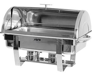 SARO - Chafing dish con coperchio arrotolabile e contenitore GN 1/1, profondità da 65 mm, 2 supporti per pasta combustibile e base, acciaio inox lucidato a specchio, profondità GN max. 100 mm