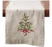 SARO LIFESTYLE 60041.N16108B Holly Collection Christmas Tree Embroidered Table Runner, naturale, 16" x 90"
