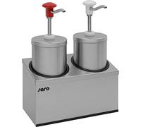SARO PD-005 - Dispenser per salse con supporto, per 2 contenitori da 2,25 l, con dosaggio regolabile (massimo 30 ml), in acciaio inox, cromo e plastica