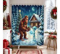 Sasquatch and Alien Holiday Exchange - Tenda da doccia natalizia, 183 x 183 | Sasquatch e tema alieno, foresta di pini innevati, cabina rustica, skyline notturno invernale, arte fantasy fantasiosa
