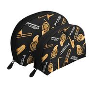 Sassofono Trombone Musica Nero, Borsa per trucco a conchiglia Portamonete da donna Borsa da toilette piccola Borsa per cosmetici 2 pezzi