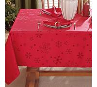 SASTYBALE Tovaglia natalizia rettangolare, 152 x 250 cm, impermeabile, senza pieghe, con fiocchi di neve rossi in tessuto jacquard, per Natale, inverno, vacanze, Capodanno