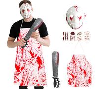 Satar Refes Set di 7 costumi da macellaio, costume da serial killer con grembiule insanguinato, sega per spolverare le nocche, maschera horror, adesivi, per uomini e adulti, costumi di Halloween per