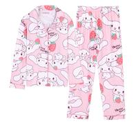 Satdflie Cinnamoroll Cartoon Pigiama Lungo Set Pigiama con Bottoni Pigiama Due Pezzi Camicia da Notte a Maniche Lunghe per Petite Donna Ragazza, Rosa/2, 3XS