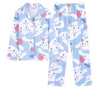Satdflie Cinnamoroll Cartoon Pigiama Lungo Set Pigiama con Bottoni Pigiama Due Pezzi Camicia da Notte a Maniche Lunghe per Petite Donna Ragazza, Blu/2, 5XS