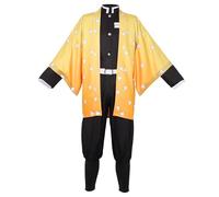Satdflie Demon Slayer Costume Cosplay Kimono Abito con cintura Set completo unisex Abito di Natale e Halloween Regalo per fan degli anime, Zenitsu Agatsuma, taglia 150