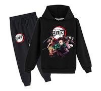 Satdflie Giapponese Anime Demon Slayer Lounge Wear Sets Maglia a maniche lunghe Pullover con pantaloni da maglia 2 pezzi Outfits Unisex Maglia a cappuccio Set completo, nero, XS