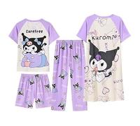 Satdflie Kuro-Mi 4 Pezzi Pigiami Estivi a Maniche Corte per Donne Petite e Ragazze, T-Shirt Pantaloncini Pantaloni e Camicia da Notte, Viola 1, 4XS