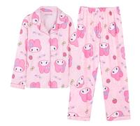 Satdflie My Melody Cartoon Pigiama Lungo Set Pigiama con Bottoni Pigiama Due Pezzi Camicia da Notte a Maniche Lunghe per Petite Donna Ragazza, Rosa/1, S