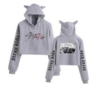 Satdflie Stray Kids Felpe con Cappuccio Felpa con Maniche Lunghe e Stampa Crop Top con Orecchie da Gatto e Ombelico Scoperto
