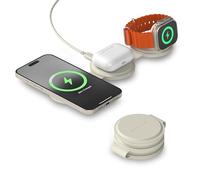 SATECHI OntheGo™ Caricatore Wireless Pieghevole 3 in 1, Stazione di Ricarica Rapida Qi2 15W per Serie iPhone 17 16 15 a 12, 5W per Apple Watch e AirPods, Caricatore a Induzione da Viaggio - Beige
