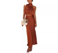 Satin Halter Top & Long Skirt Set Women, Chic Evening Wedding Outfit, marrone, S