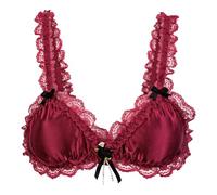 Satini Bralette in Raso con Volant e Rose, Rosso Vino, M