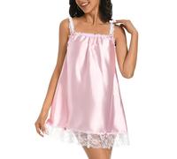 Satini Camicia da Notte Babydoll Raso e Pizzo, Rosa Pastello, S