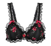 Satini Femminuccia con Volant Pizzo Attillato Raso Bralette Reggiseno (Nero - Rose Rosse, L)