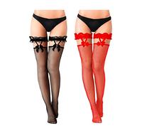 SATINIOR 2 Paia Calze a Rete Autoreggenti con Fiocco Collant Giarrettiera Reggicalze a Coscia in Pizzo da Donna (Nero, Rosso, M)
