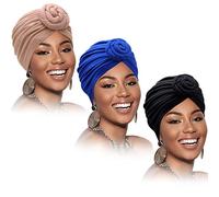 SATINIOR 3 Pezzi Turbante Africano per Donne Cofano Pre-Annodato a Nodo Cappello a Cuffia (Nero, Blu, Cachi)