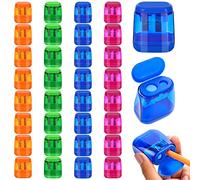 SATINIOR 36 temperamatite colorato manuale a doppio foro con coperchio, in plastica, compatto, per bambini, adulti, studenti, scuola, ufficio, casa, viaggi, 4 colori