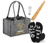SATINIOR 4 Pezzi Set Regalo Birra per Uomo Incluso Borsa Porta Bottiglia in Feltro con 6 Scomparti Pinze per Grigliare Apri Bottiglia Divertenti Calzini da Regali(Ich bin in Rente Ich muss gar nix)