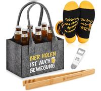 SATINIOR 4 Pezzi Set Regalo Birra per Uomo Incluso Borsa Porta Bottiglia in Feltro con 6 Scomparti Pinze per Grigliare Apri Bottiglia Divertenti Calzini da Regali(Bier holen ist auch Bewegung)