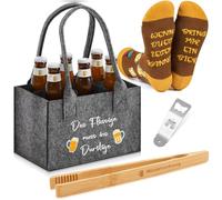 SATINIOR 4 Pezzi Set Regalo Birra per Uomo Incluso Borsa Porta Bottiglia in Feltro con 6 Scomparti Pinze per Grigliare Apri Bottiglia Divertenti Calzini da Regali(Das Flüssige muss ins Durstige)