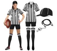 SATINIOR Costume da Arbitro da Donna Camicia Ref a Righe Bianche e Nere Pantaloncini in Jersey Cappello da Arbitro per Festa in Maschera di Halloween (L)